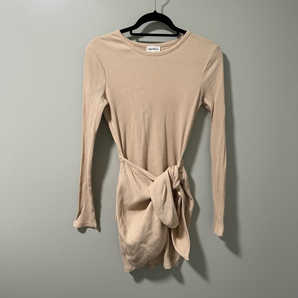 Superdown x Revolve Tan Ribbed Wrap Mini Dress - Picture 2 of 7